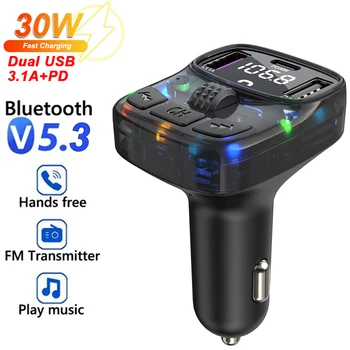 Bluetooth 5.3 MP3-плейър Автомобилно аудио за Бързо зарядно устройство, FM трансмитер Двойно USB 3.1 A PD 30 W за Бързо зареждане на зареждащото устройство смартфон