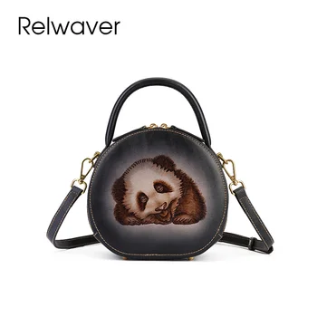 Relwaver натурална коровья кожа панда пирограф дамски чанти-незабавни посланици 2023 зимни кръгла чанта през рамо в китайски стил на изискана чанта