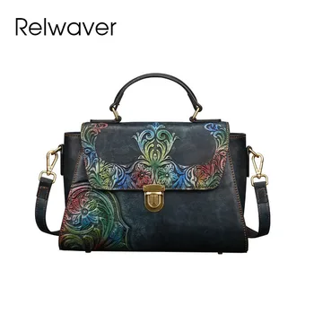 Relwaver от телешка кожа в китайски стил дамска чанта-незабавни посланици 2024 пролет-лято чанта през рамо с голям капак и релефни флорални дамски чанти