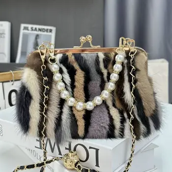 Дамска чанта от естествена кожа на норка, зимни луксозни чанти, дамски чанта през рамо, вечерни чанти, дамски кожен чанта