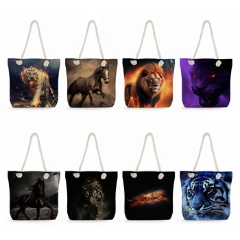 Дамска чанта с изображение на животно с голям капацитет, готин стил, чанти с принтом Лъв и тигър, чанти-тоут за пазаруване, пътни плажни чанти от дебелото въже.