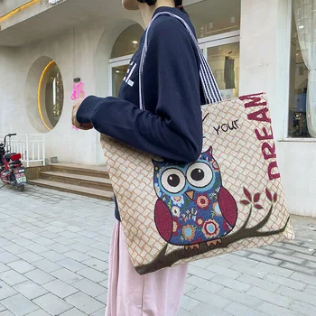 Дамска чанта-тоут в новата версия на корейския, художествена чанта с изображение на совата, чанта през рамо с голям капацитет, за покупки пътуване, преносим холщовая чанта