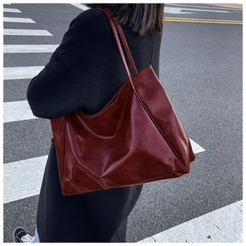 Дамска чанта-тоут, модерна чанта под мишниците, по-голямата голям чанта през рамо от мека изкуствена кожа, ретро чанта през рамо, ежедневни преносима чанта-кофа