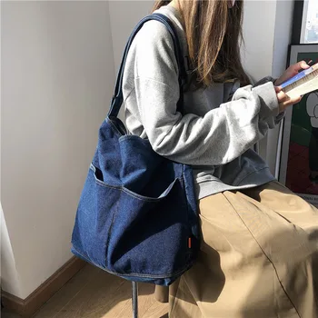 Дамски дънкови холщовая чанта през рамо в лениво стил, Корейската версия, ретро чанта за пазаруване за почивка в колежа, чанта през рамо с голям капацитет