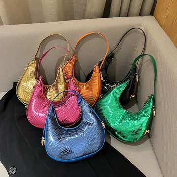 Дамски луксозни Дизайнерски чанти, портмонета и чанти от изкуствена кожа, Нови модни реколта чанти-скитници, с крокодиловым модел във формата на Полумесец, Полумесец, наплечных чанти
