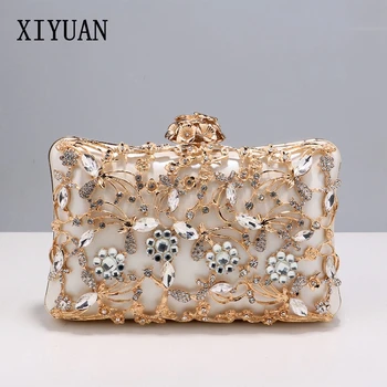 Дамски официални чанти XIYUAN, златни / сребърни /розово /черно, луксозни Сватбени чанти-клатчи с цветя и диаманти, чанта на верига, чанта с камъни, Чанта