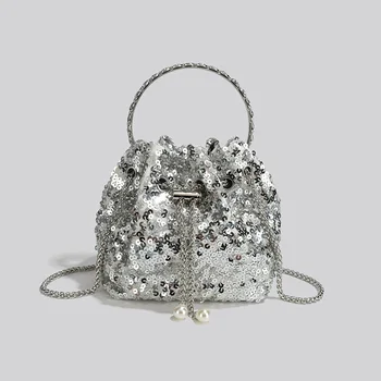 Дизайнерска чанта-кофа с едно рамо, жените лятна новост 2023 година, модерна чанта през рамо с пайети от супер влакна, чанта за вечеря