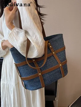Ежедневието на обикновен хоризонтални квадратни чанти в корейски стил, нова мода denim чанта през рамо, универсална женска чанта за пътуване до работа, чанти-тоут