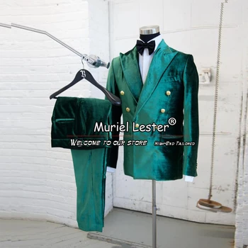 Зелени кадифени мъжки костюми За официална вечеря Двубортный Блейзър Панталони 2 броя Изработена по поръчка сако със златни метални копчета Slim Fit