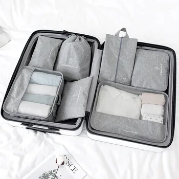 Комплект от 7 теми, чанти-организаторите за пътуване куфар, опаковъчен куб, калъфи за съхранение на козметични дрехи, чанта за обувки, ароматна торбичка за багаж
