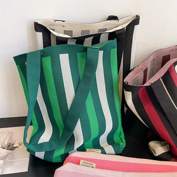Корейската текстурная вязаная чанта, дамска чанта на райе, чанта за мързелив пеша, студентски торби за многократна употреба за пазаруване, лек портфейл