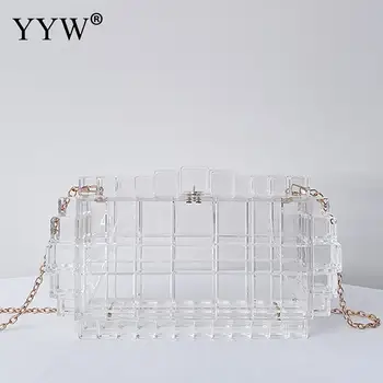 Луксозен женски прозрачен вечер акрилни клатч, дизайнерски прозрачна чанта през рамо с кристали и диаманти, сватбената чанта, за да си официална вечеря 2024