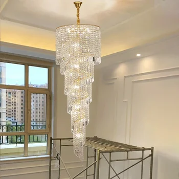 луксозна стълбищна полилей, светеща златна начало декор, кристален лампа, навити дизайн, антре, вестибюл, дълги висящи лампа