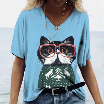Лятна Мода Дамски Дрехи, Тениска С Изображение на Смешно Котка В Слънчеви Очила С 3D Принтом, V-Образно Деколте, Спортен Случайни Топ С Къс Ръкав