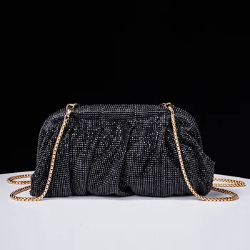 Метална Мятная чанта с ръчно инкрустиран във формата на диаманти, Плиссированная верига, скоба за кнедли с вода и диаманти, чанта за закуски, чанта през рамото си, през рамо