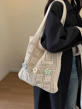Модни Дамски плетени калъф чанта с Голям Капацитет, Новост 2023, Ежедневни Отворена Чанта На Едно рамо, Популярна Женската Чанта-Кофа С дръжка
