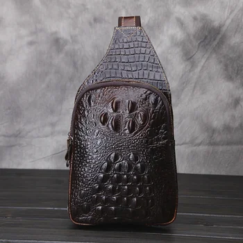 Мъжки нагрудная чанта през рамо от естествена кожа, раница-прашка, раница в крокодиловом стил, Единична раница от естествена телешка кожа, раница за рожден ден