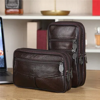 Мъжки поясная чанта от естествена кожа, поясная чанта с голям капацитет, кафяви торби през рамо, чанта през рамо, многопластова чанта за мобилен телефон, чанта за задника