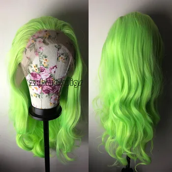 Неоново-зелено Дълги, Дълги Вълнообразни синтетични косми на дантели Перуки Директни Вълнообразни за жени, предварително выщипанные на дантели Перуки