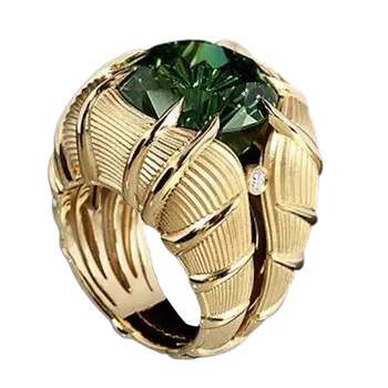 Нов луксозен пръстен златист цвят с изумруд и цирконием, дамски пръстен на пръста си, уникален дизайн, стръмни и аксесоари за партита в стил пънк, хип-хоп, Дамски бижута