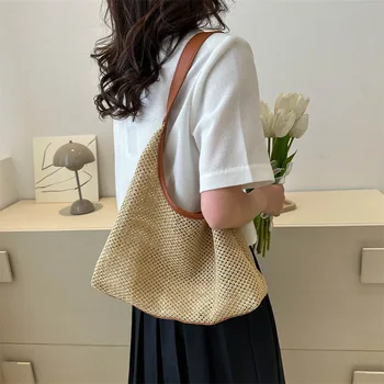 Нова ежедневни дамски чанта през рамо от неръждаема слама, плетени дамски чанти през рамо, чанти за пазаруване 2023