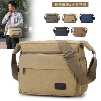 Нова холщовая мъжка чанта през рамо, ежедневни мъжки чанти голям капацитет на средна възраст с няколко отделения, нула чантата за съхранение