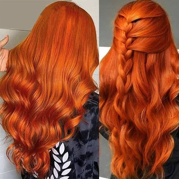 Обемна вълна Имбирно-оранжево 13x4 HD Перука на дантели от човешки коси цвят на Бразилския Реми, предварително выщипанный Джинджифил Перука на дантели от човешка коса