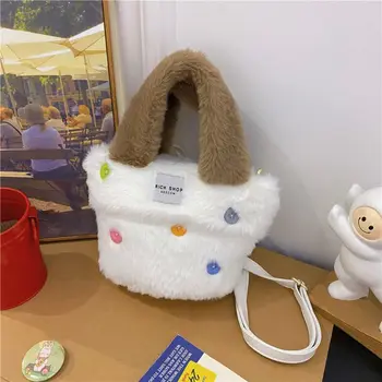 Плюшен чанта-тоут с копчета в корейски стил, ръчна чанта за пазаруване, плюшен чанта-кофа, чанта през рамо, плюшен женствена чанта през рамо
