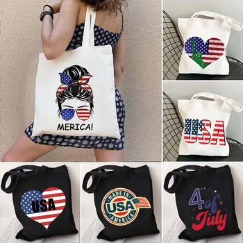 Ретро свят на САЩ, американския флаг, Любящо сърце на Америка, на 4 юли, Патриотичен пазаруване, холщовая чанта-тоут в стил Харадзюку, чанти за момичета купувачи