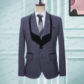 Сватбен комплект мъжки костюм 2023 Тъмно синьо с ревери от шалове в клетката, однобортный официален бизнес яке, едно парче оборудвана яке
