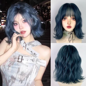 Синтетични къса вълнообразните сини перуки с бретон, естествен пухкави женски перука за cosplay в стил Лолита за дневна партита