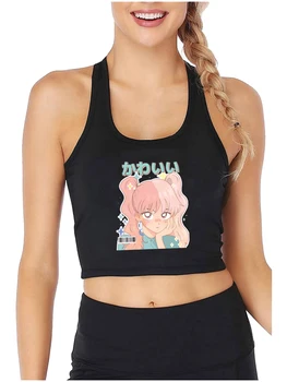 Стил на корицата на Манга, графика аниме E Girls, секси монтиране съкратен топ, върхове с принтом Kawai в пастелни цветове, харадзюку, памук спортен камизола