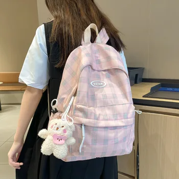 Чанта за училище за момичета, юноши, раница за студенти, женски карирани найлонов случайни раница за колежа в корейски стил