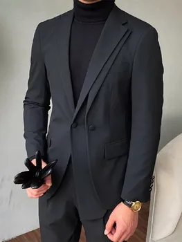 Черен мъжки костюм, 2 броя, сако, панталони с ревера на една пуговице, делова, официална, оборудвана Костюм на младоженеца на сватбата, изработена по поръчка, Homme
