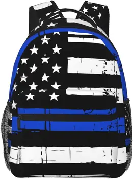 Blue Lives Matter Американски флаг Стилен случайни раница, чанта, раници с джобове, Компютърна раница за работа, бизнес пътуване
