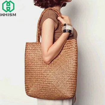 Кошница за съхранение на WHISM от ратан ръчно изработени, Луксозни Квадратни Модни чанти, плетени от слама женствена чанта през рамо