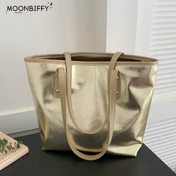 Луксозна дизайнерска чанта, дамска чанта, голяма пазарска чанта-тоут, Златна чанта през рамо, чанти с обикновена дръжка, однотонная Мека чанта за пазаруване, чанта за пазаруване